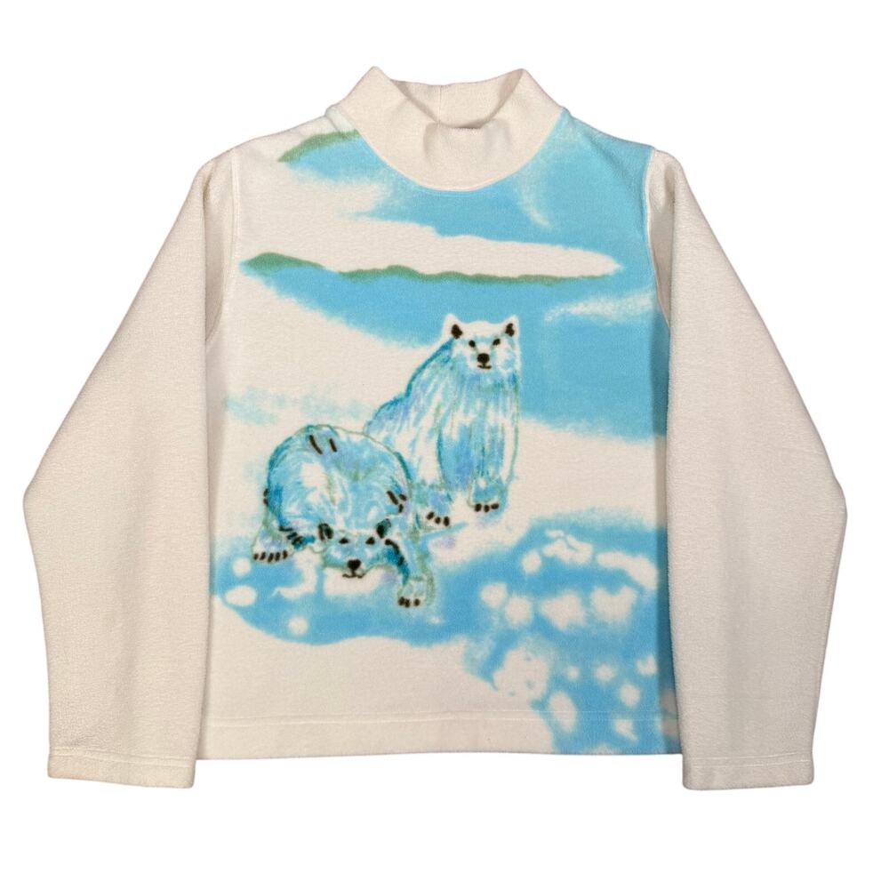 Vintage Polar Bears Glacier Scene Wildlife Mock Neck Fleece Pullover Size Large